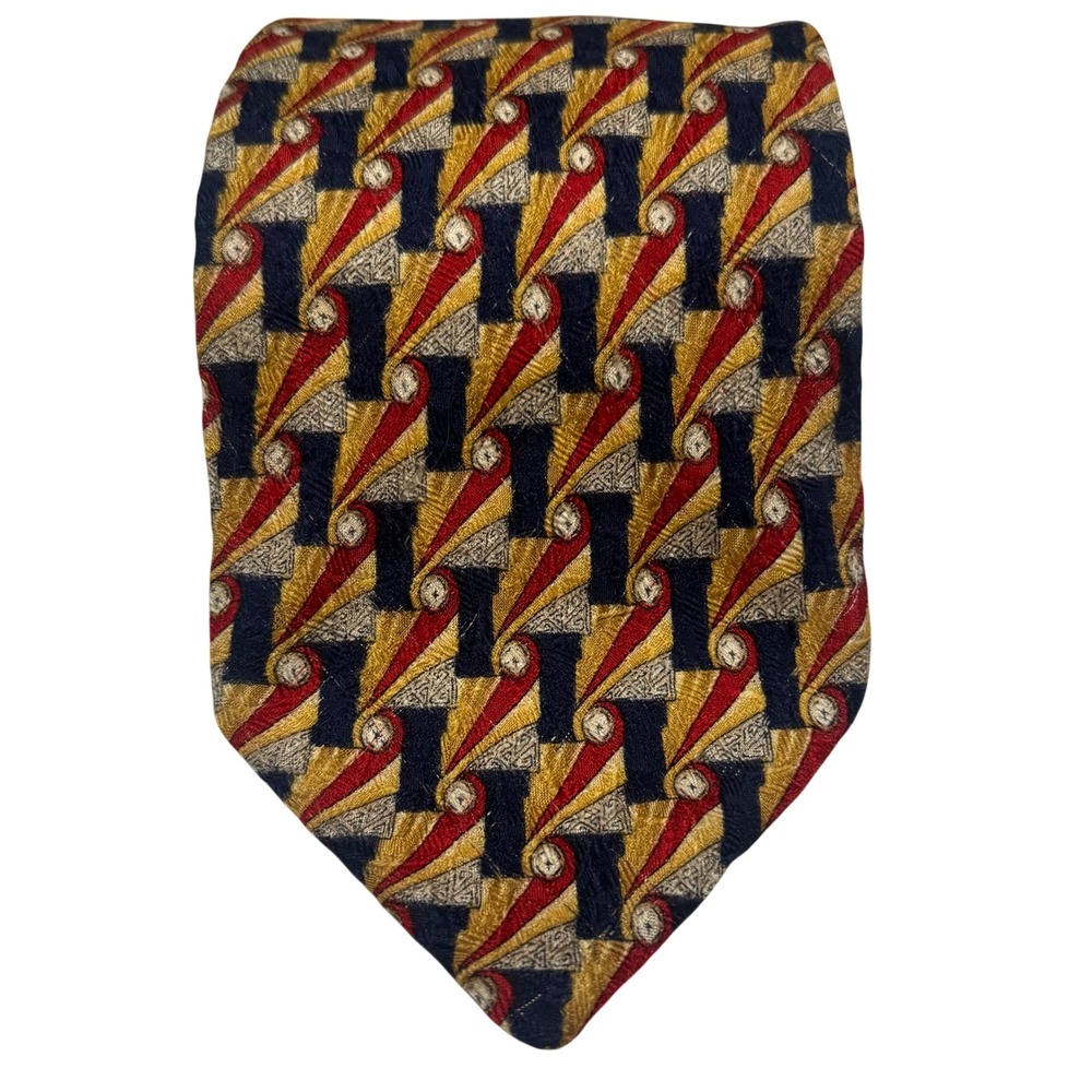 Ermenegildo Zegna Necktie Mens Gold Navy Red Geometric Silk Italy Retro 70s/80s